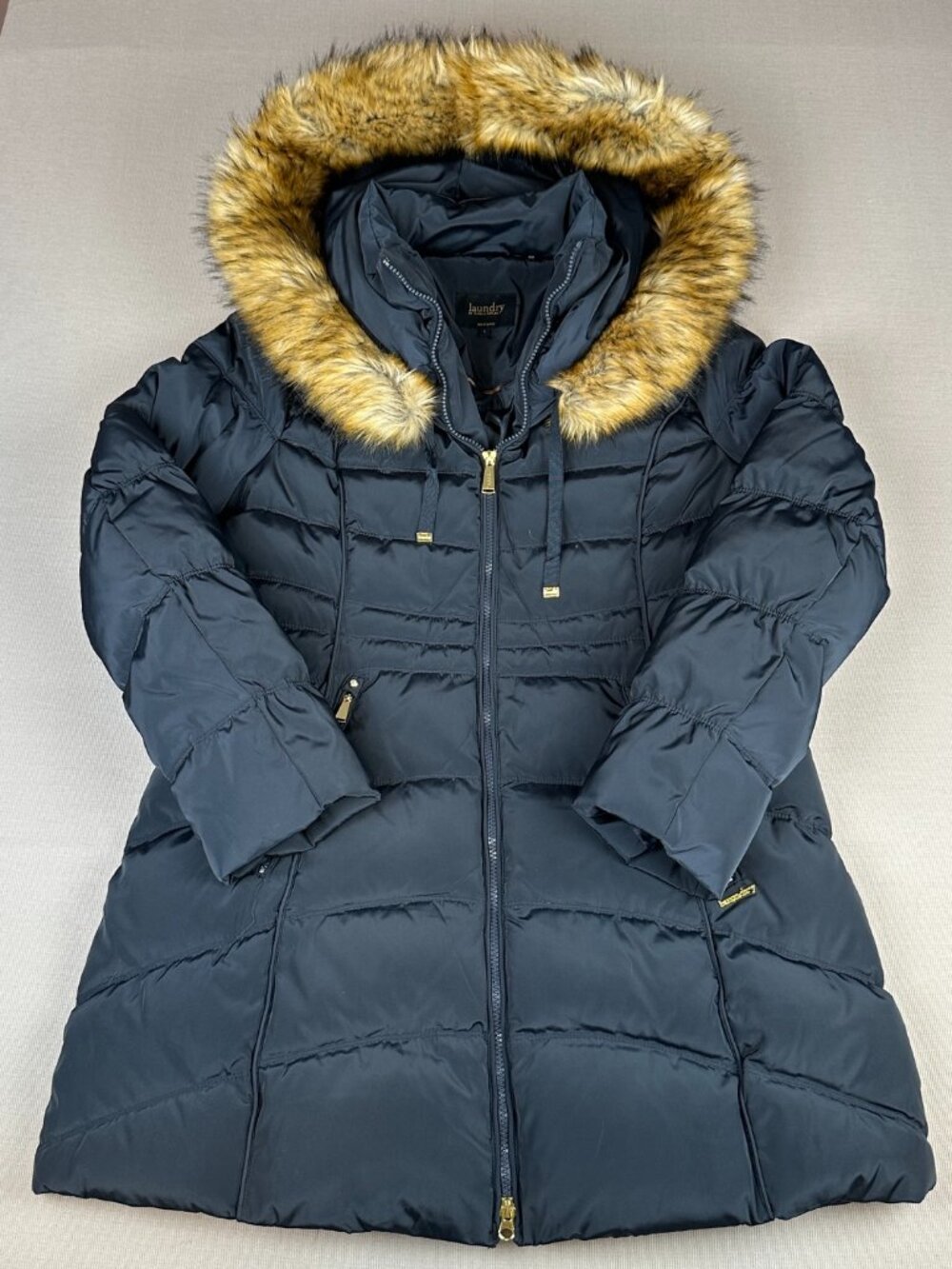 Laundry By Shelli Segal Down Puffer Coat Black Faux Fur Hood Hooded Jacket L